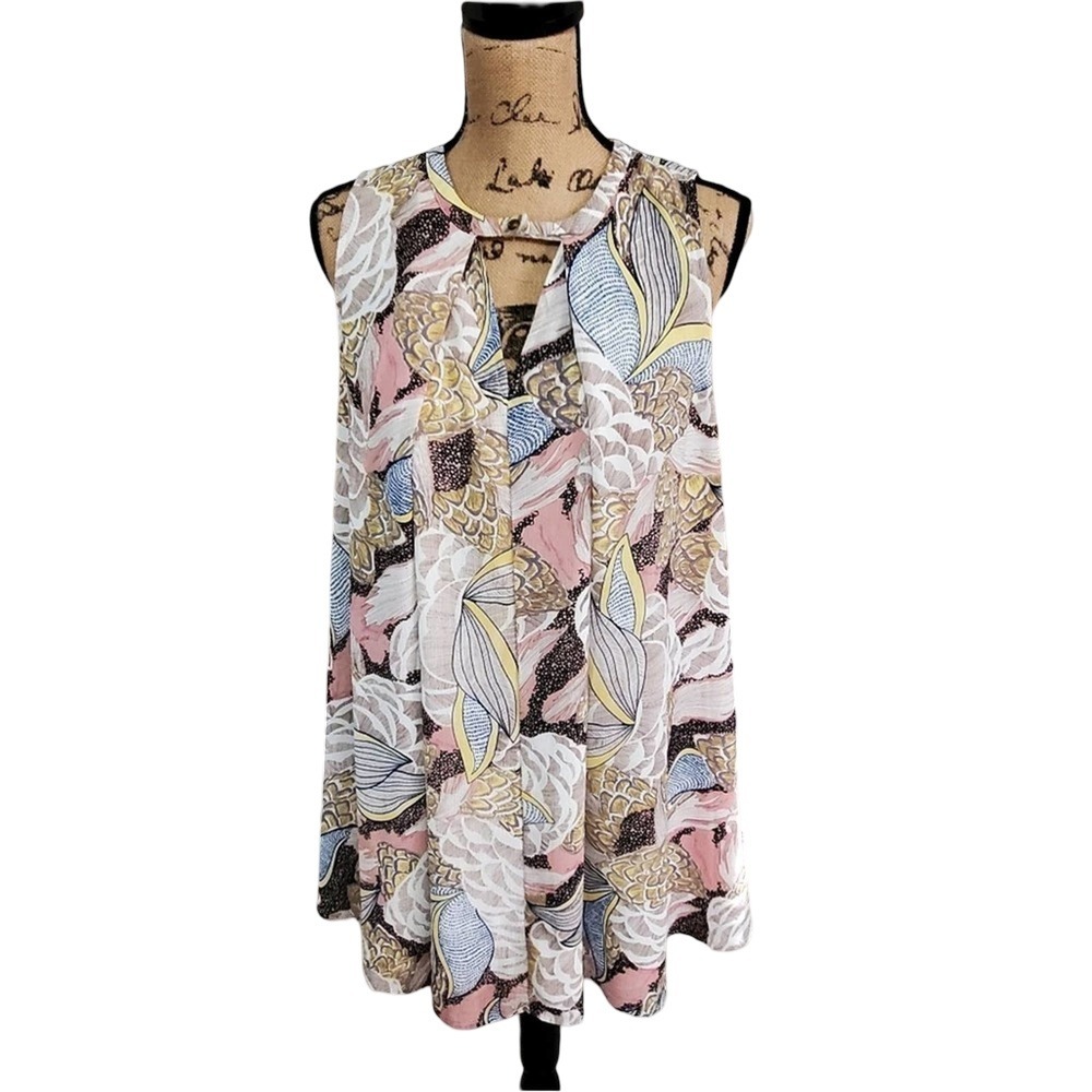 Umgee USA Womens Small Sleeveless Abstract Floral Keyhole Tunic Top Pink Blue